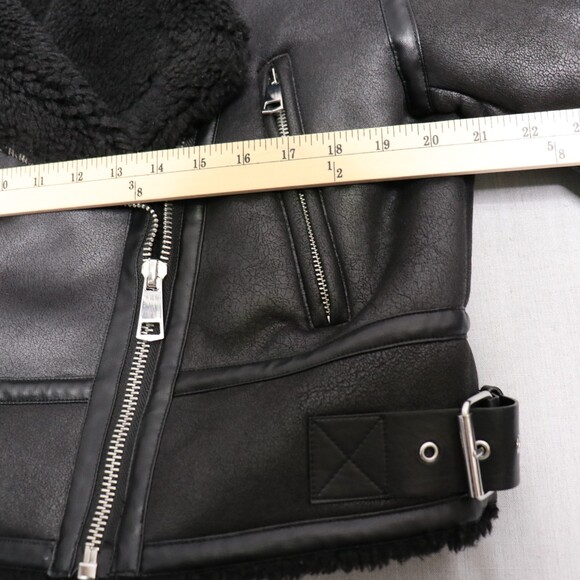ZARA Aviator Biker Jacket Womens M Faux Leather Shearling Lined Moto Zip Black - Picture 14 of 16